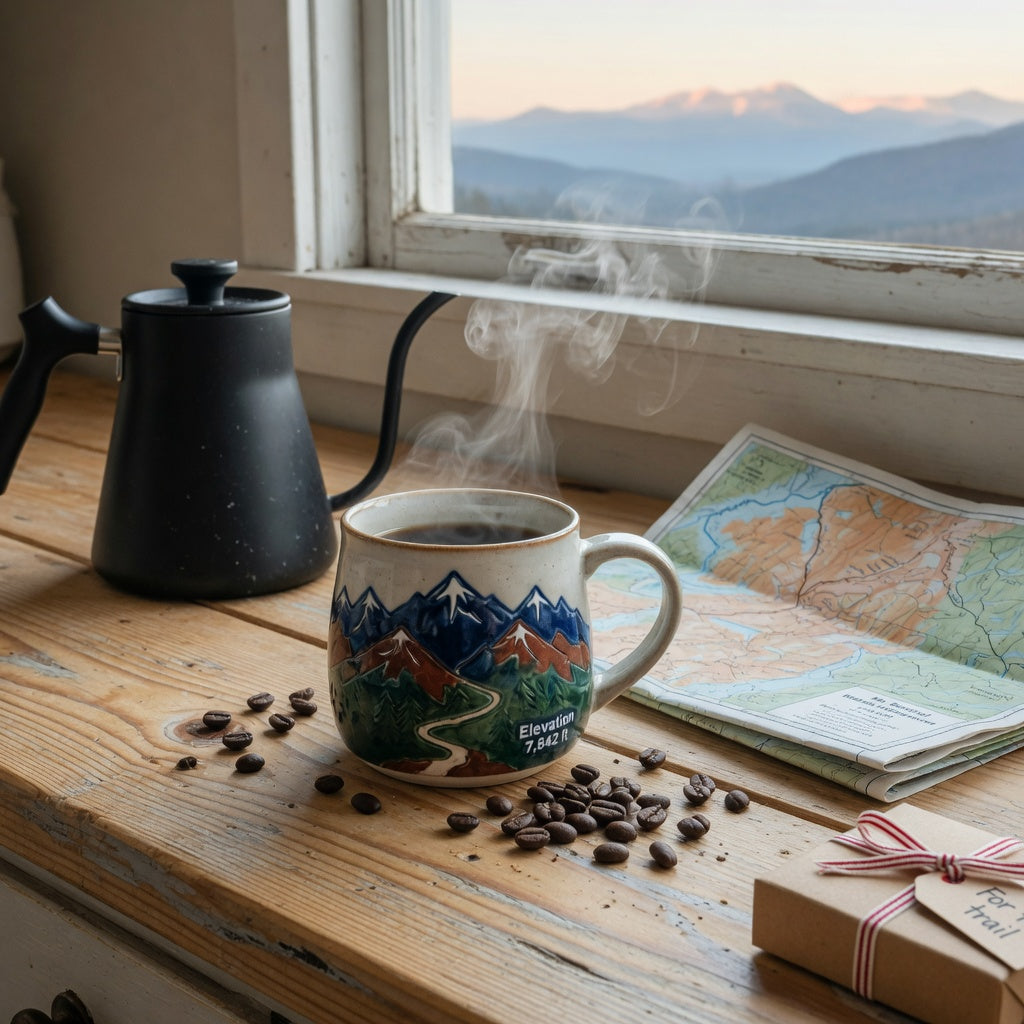 Great mountain coffee mug gift for coffee lovers steaming on a rustic pine counter beside a gooseneck kettle, a topographic map, and a gift box