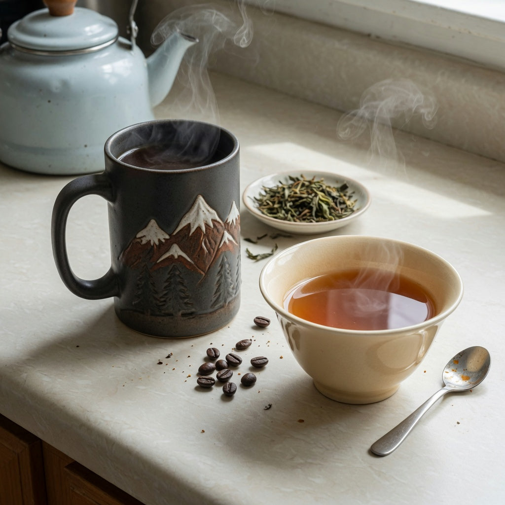 Great mountain coffee mug vs tea mug comparison with a taller mug and wider tea cup on a kitchen counter