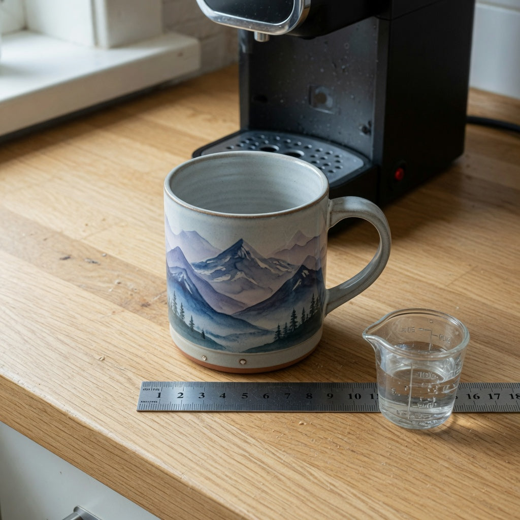 Great mountain coffee mug beside a coffee maker with a ruler checking spout clearance