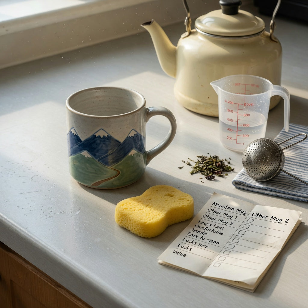 Great mountain coffee tea mug buying checklist beside a scenic ceramic mug, kettle, measuring jug, and loose-leaf tea