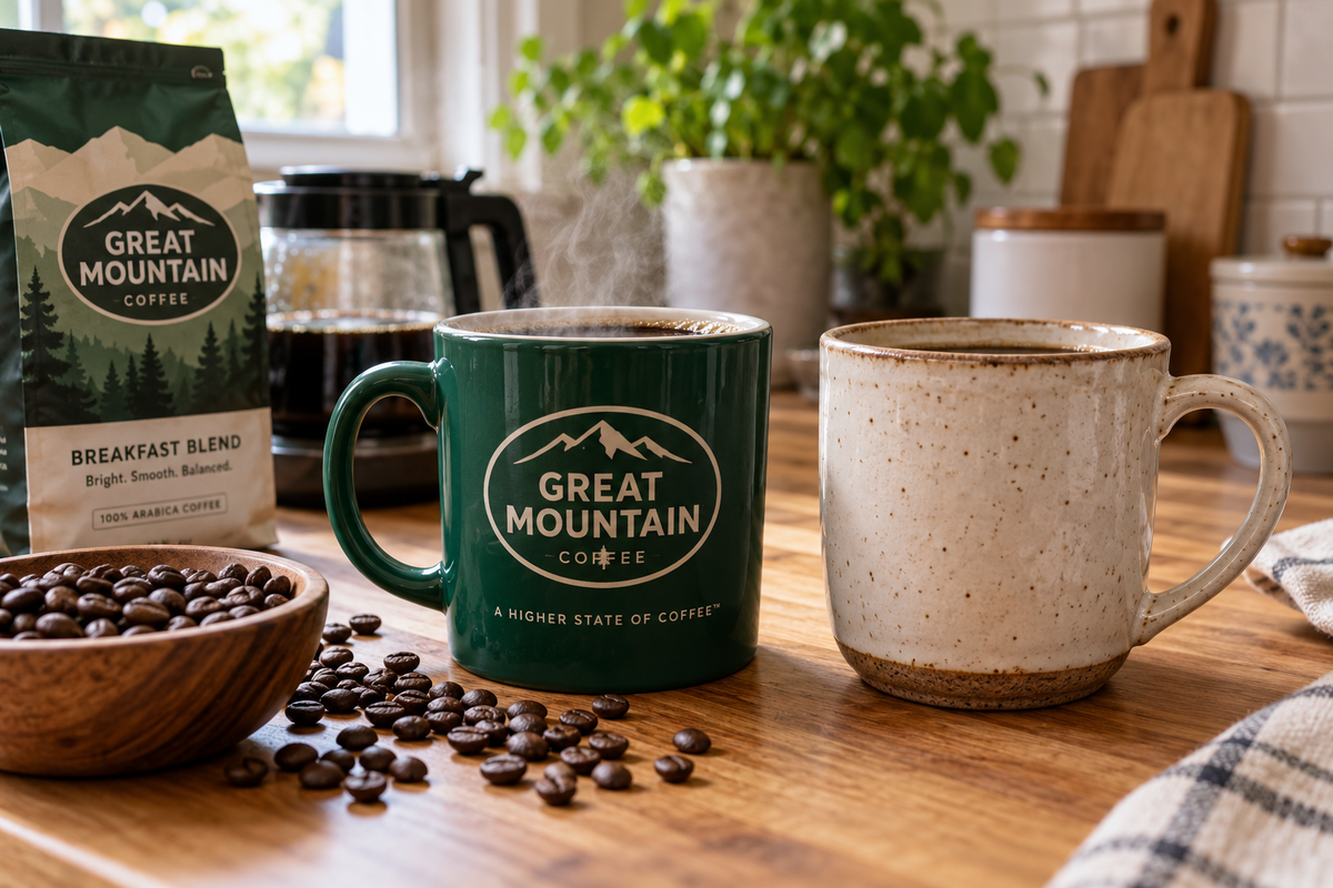 Great Mountain Coffee Tea Mug vs Ceramic comparison showing side by side on counter