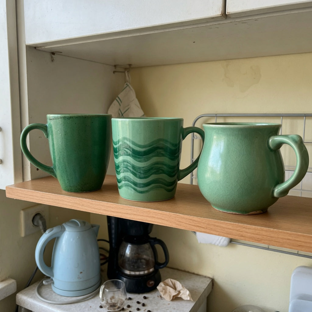 green ceramic coffee mugs compact kitchen product shortlist guide showing three options on a narrow shelf beside a kettle