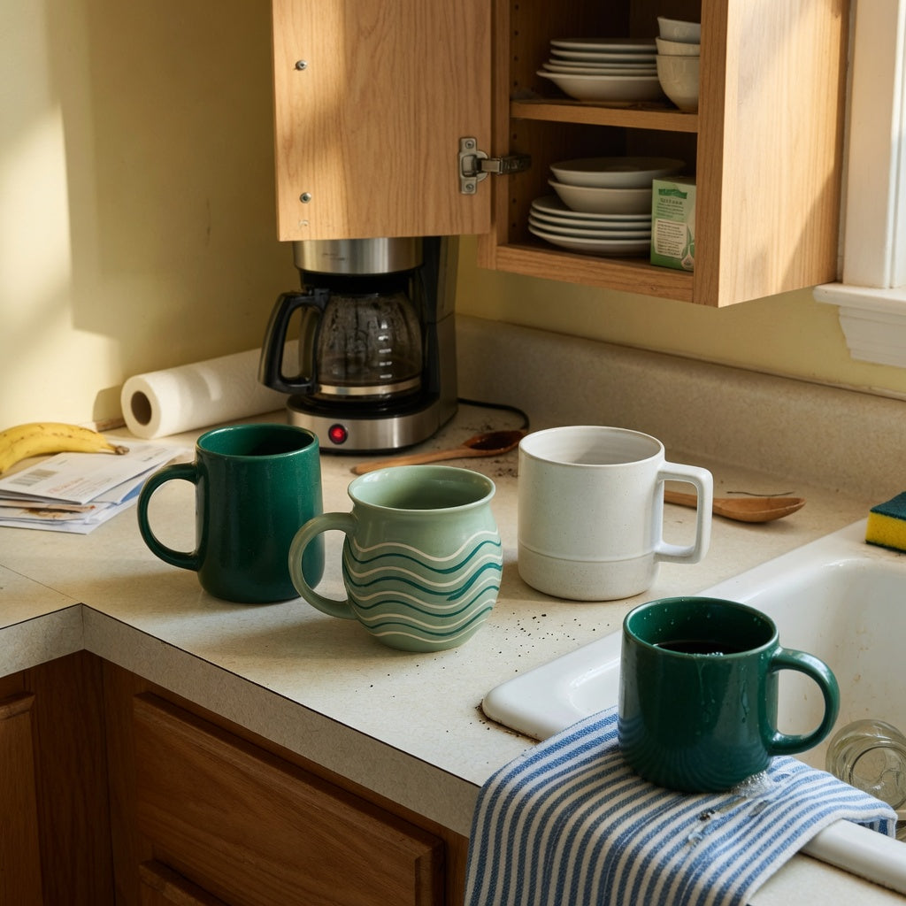 Green ceramic coffee mugs everyday mug rotation product shortlist guide showing Emerald, Green Waves, and Round designs beside an open kitchen shelf