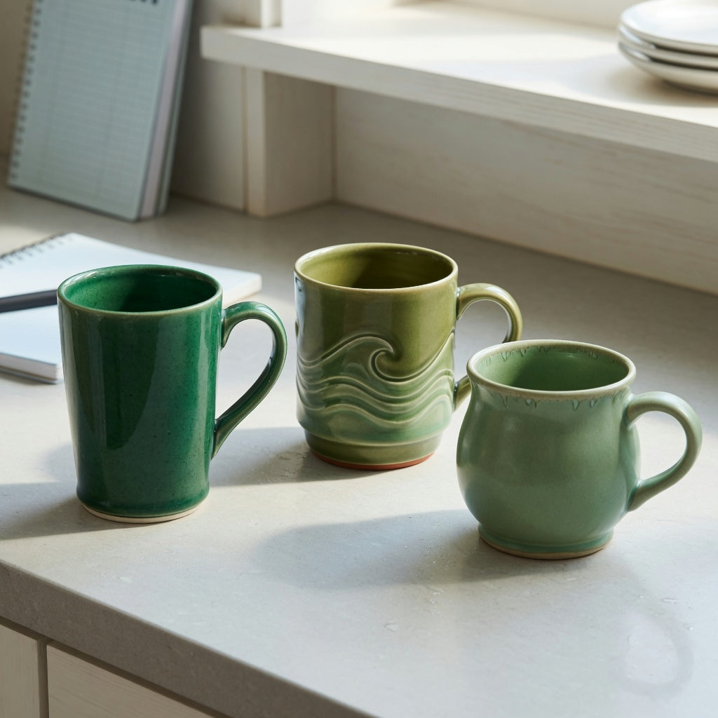 green ceramic coffee mugs first time buyer product shortlist guide with Emerald, Green Waves, and Round styles on a kitchen counter