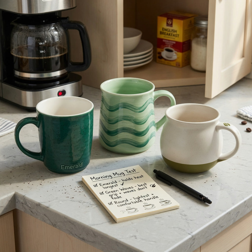Green ceramic coffee mugs gift choice product shortlist guide comparing Emerald, Green Waves, and Round mug styles