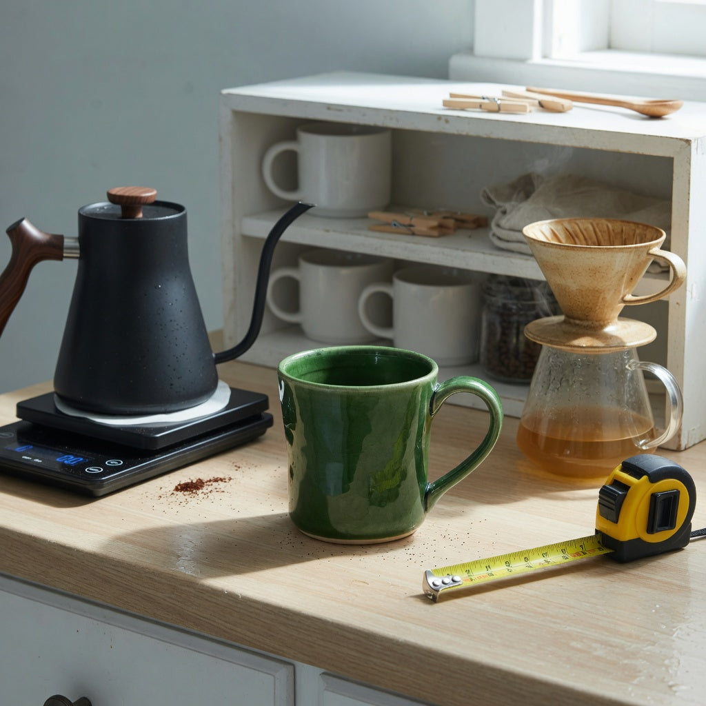 green ceramic coffee mugs home coffee station practical purchase checklist with a mug, scale, kettle, and counter measurements