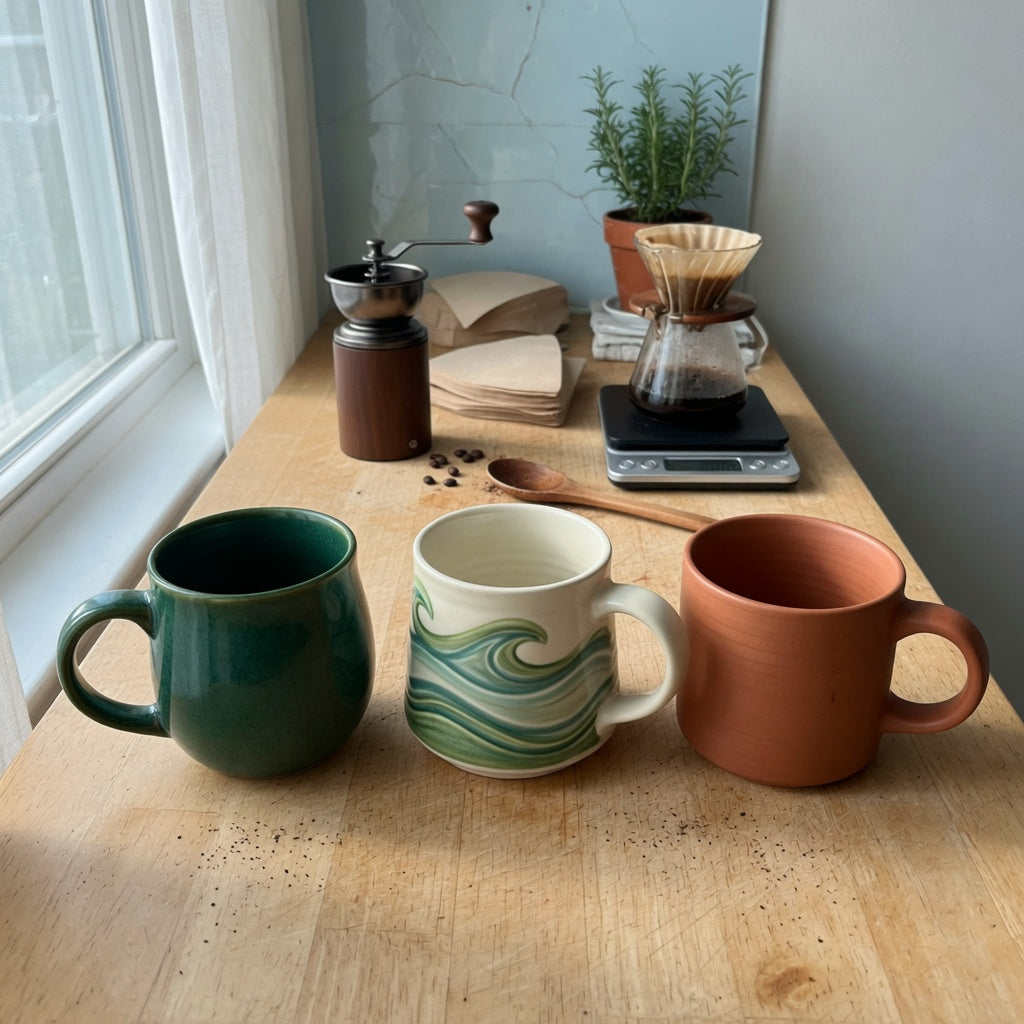 green ceramic coffee mugs home coffee station product shortlist guide showing Emerald, Green Waves, and Round designs on a compact counter