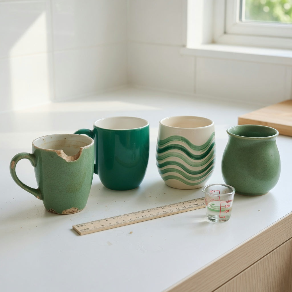 Green ceramic coffee mugs replacement purchase product shortlist guide showing emerald, wave-patterned, and round options beside a chipped mug