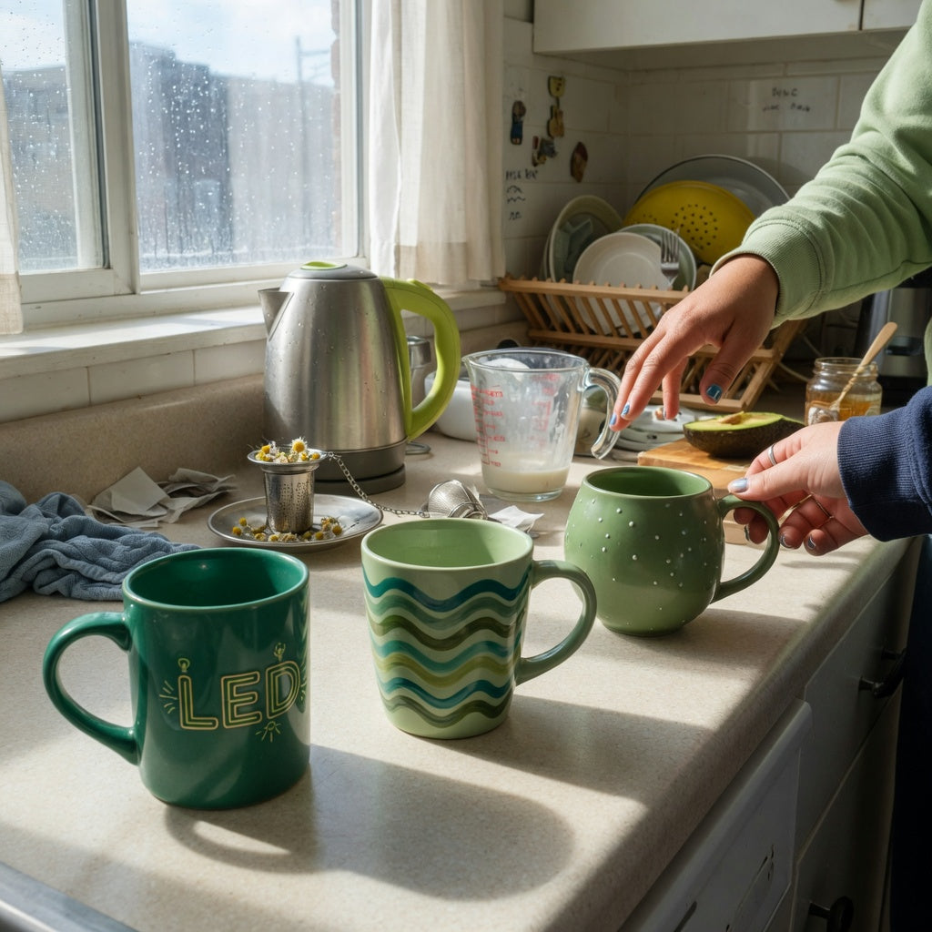 green ceramic coffee mugs shared household practical purchase checklist shown with Emerald, Green Waves, and Round mug options on a shared kitchen counter