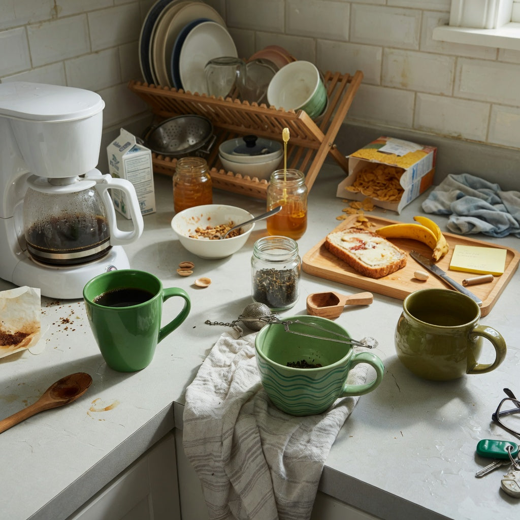 Green ceramic coffee mugs shared household product shortlist guide showing Emerald, Green Waves, and Round options on a shared kitchen counter