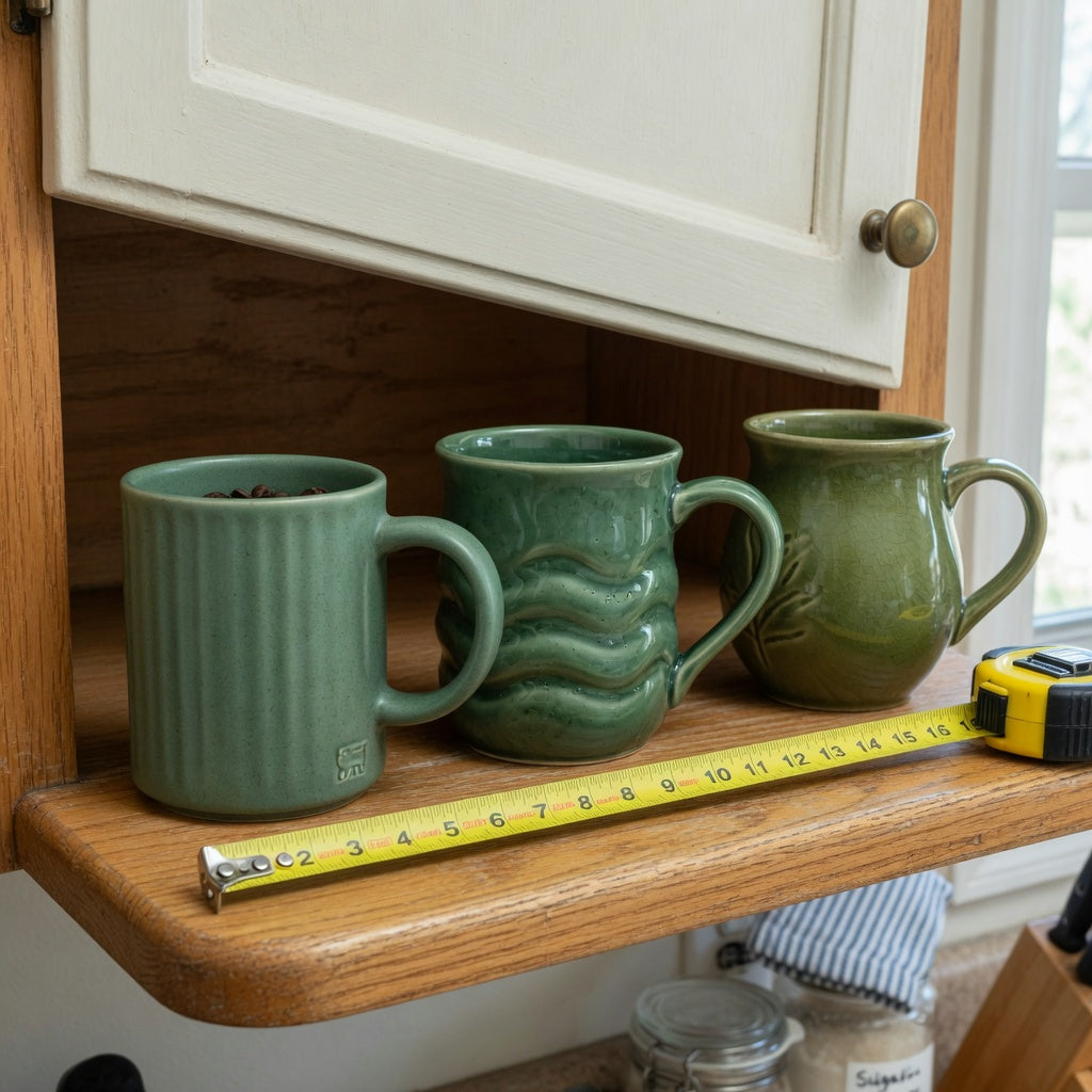 Green ceramic coffee mugs storage fit guide showing upright, wave-contoured, and round mugs on a measured cabinet shelf