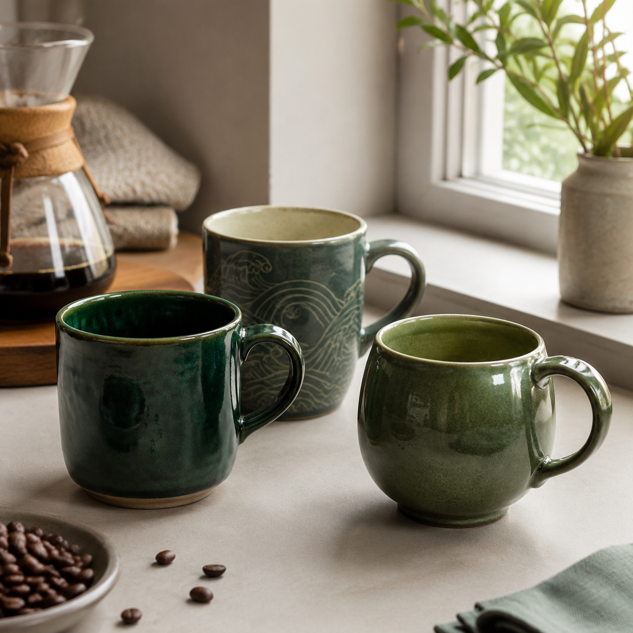 Three green ceramic coffee mugs with emerald, wave-patterned, and rounded designs on a kitchen counter