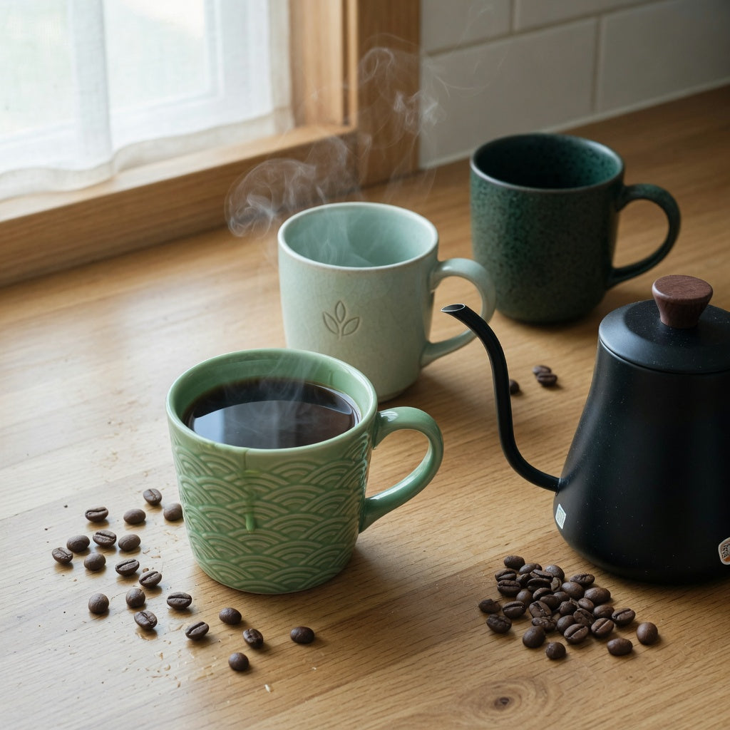 Green ceramic mug for coffee lovers filled with fresh coffee on a sunlit counter beside celadon and forest green mugs