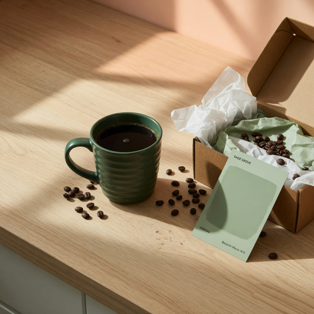 Deep green wave-glazed mug styled as a green coffee mug gift for coffee lovers, beside an open gift box and coffee beans on a sunlit kitchen counter
