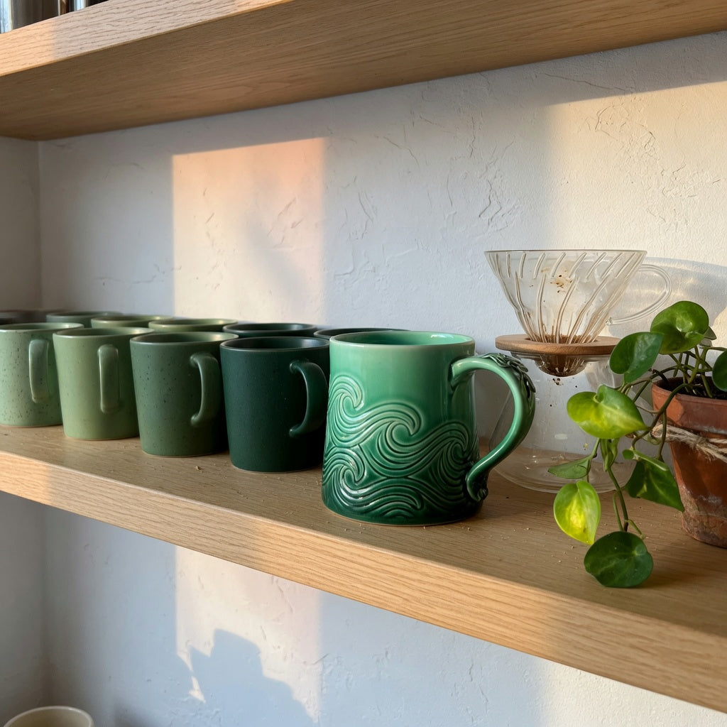 Row of green ceramic mugs from sage to forest on open oak shelving — a green mug for home decor lovers anchoring a styled coffee display
