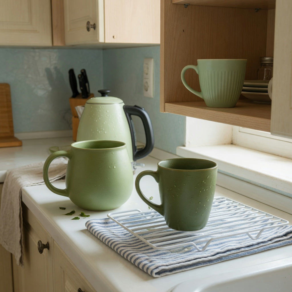 Three mugs arranged for the green tea mug everyday mug rotation practical purchase checklist beside a drying rack and cabinet shelf