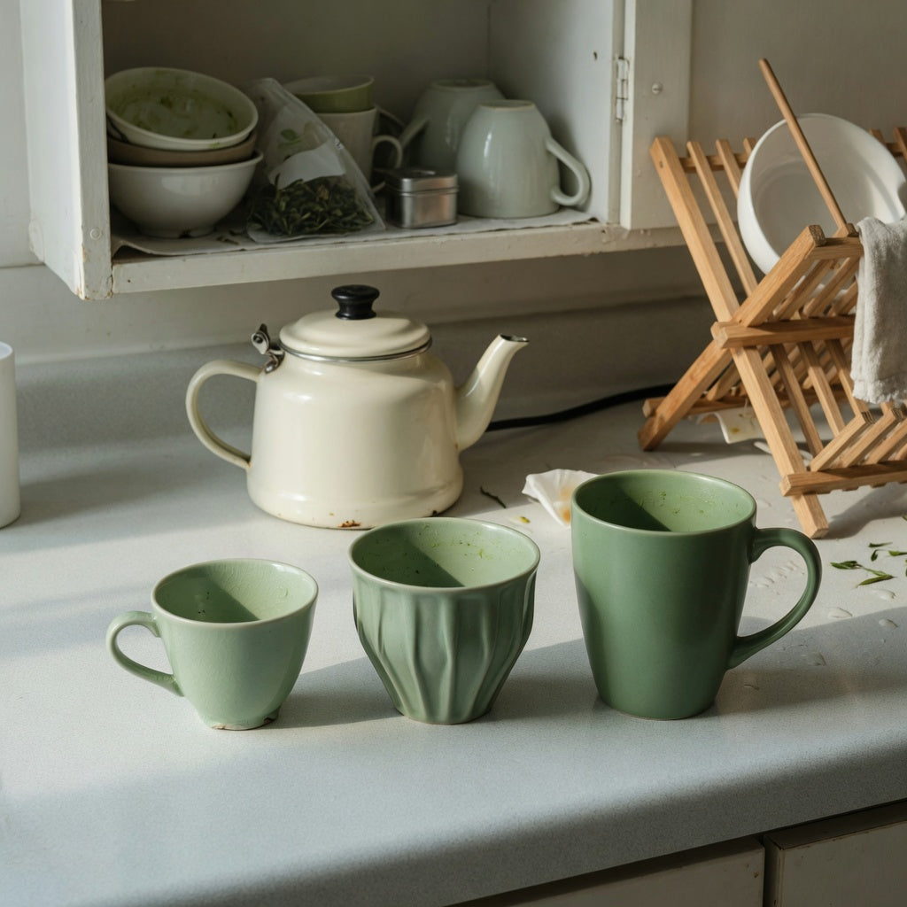 Green tea mug everyday mug rotation product shortlist guide showing Retro 170 ml, Pleated 200 ml, and Emerald 270 ml options