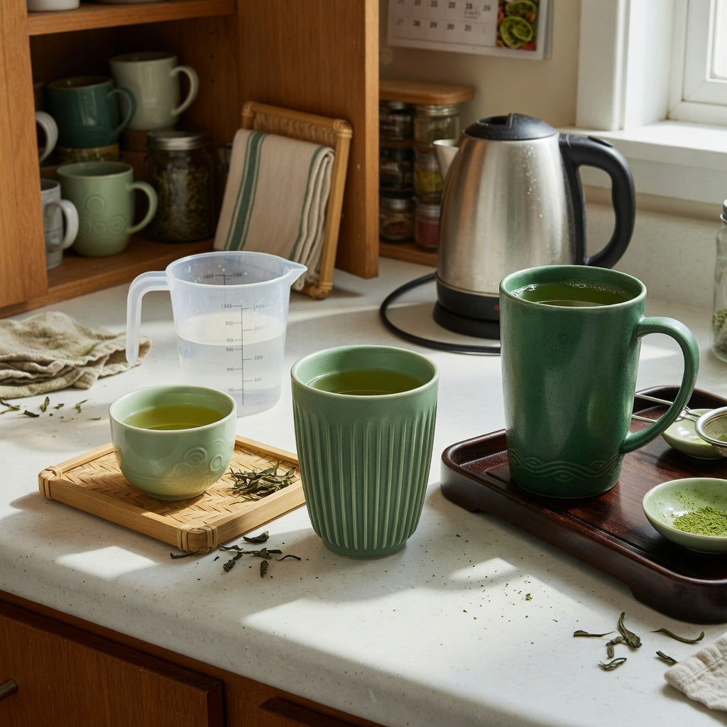 green tea mug shared household practical purchase checklist showing Retro 170 ml, Pleated 200 ml, and Emerald 270 ml options