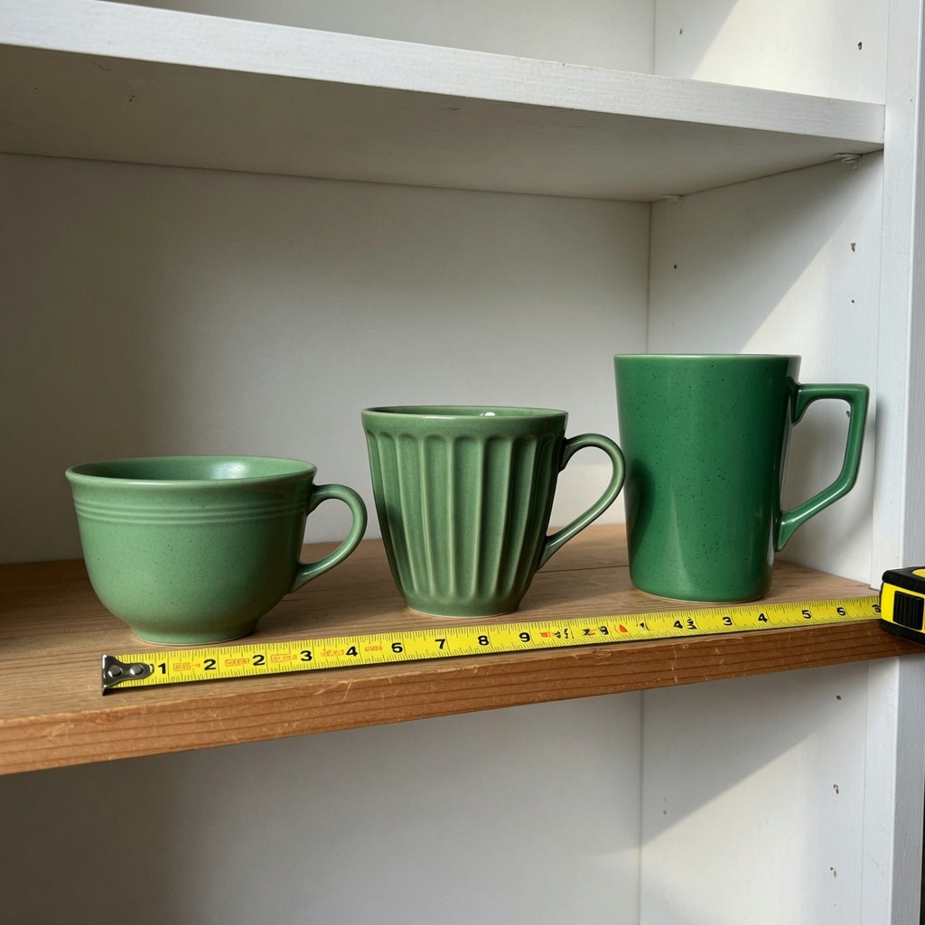 green tea mug storage fit guide showing Retro, Pleated, and Emerald mug shapes on a measured kitchen shelf