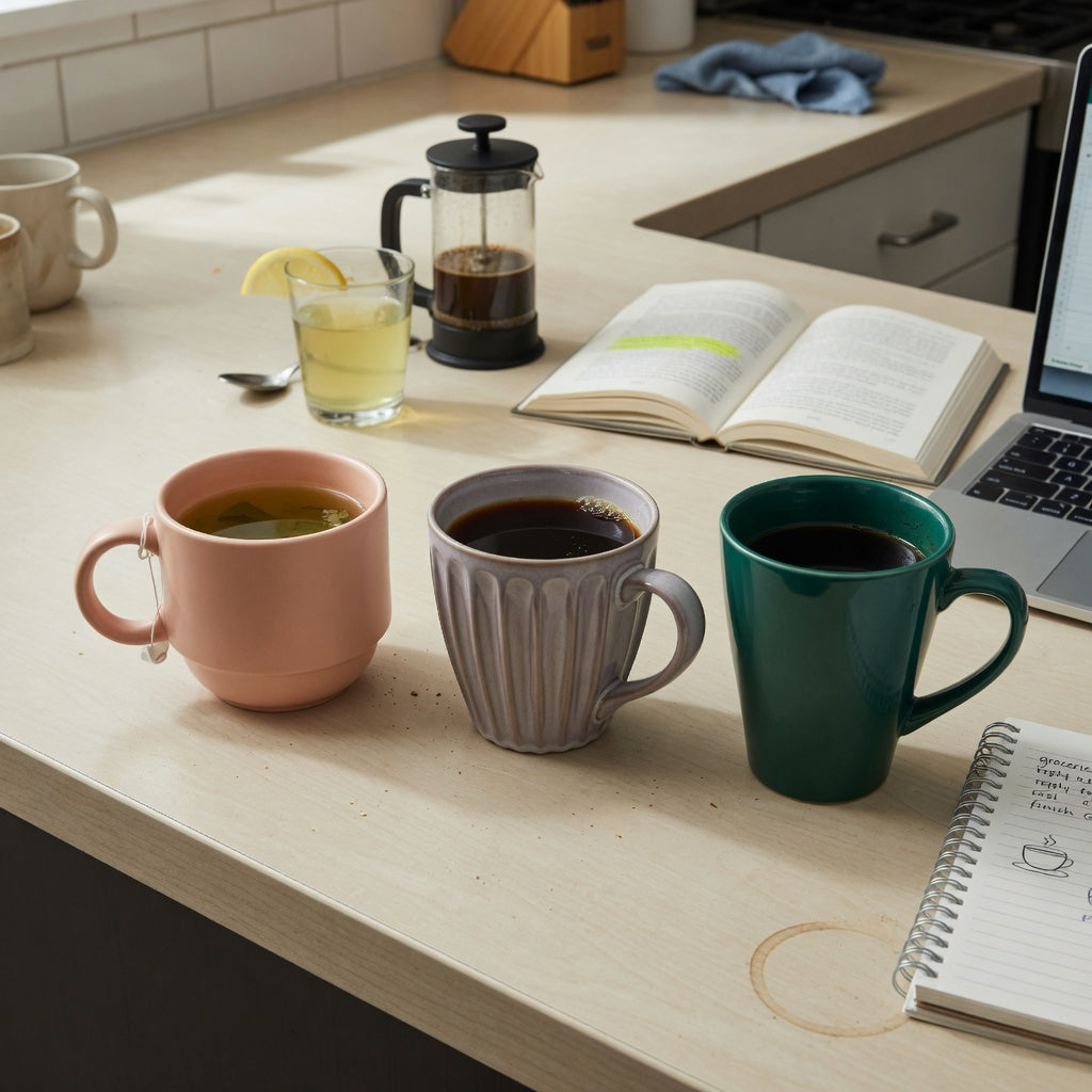 green tea mug weekend coffee practical purchase checklist with Retro 170 ml, Pleated 200 ml, and Emerald 270 ml cups on a Saturday kitchen counter