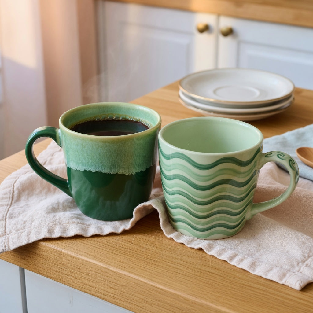 Green two tone ceramic coffee mug with a gradient fade next to a green wave-pattern mug on a kitchen counter