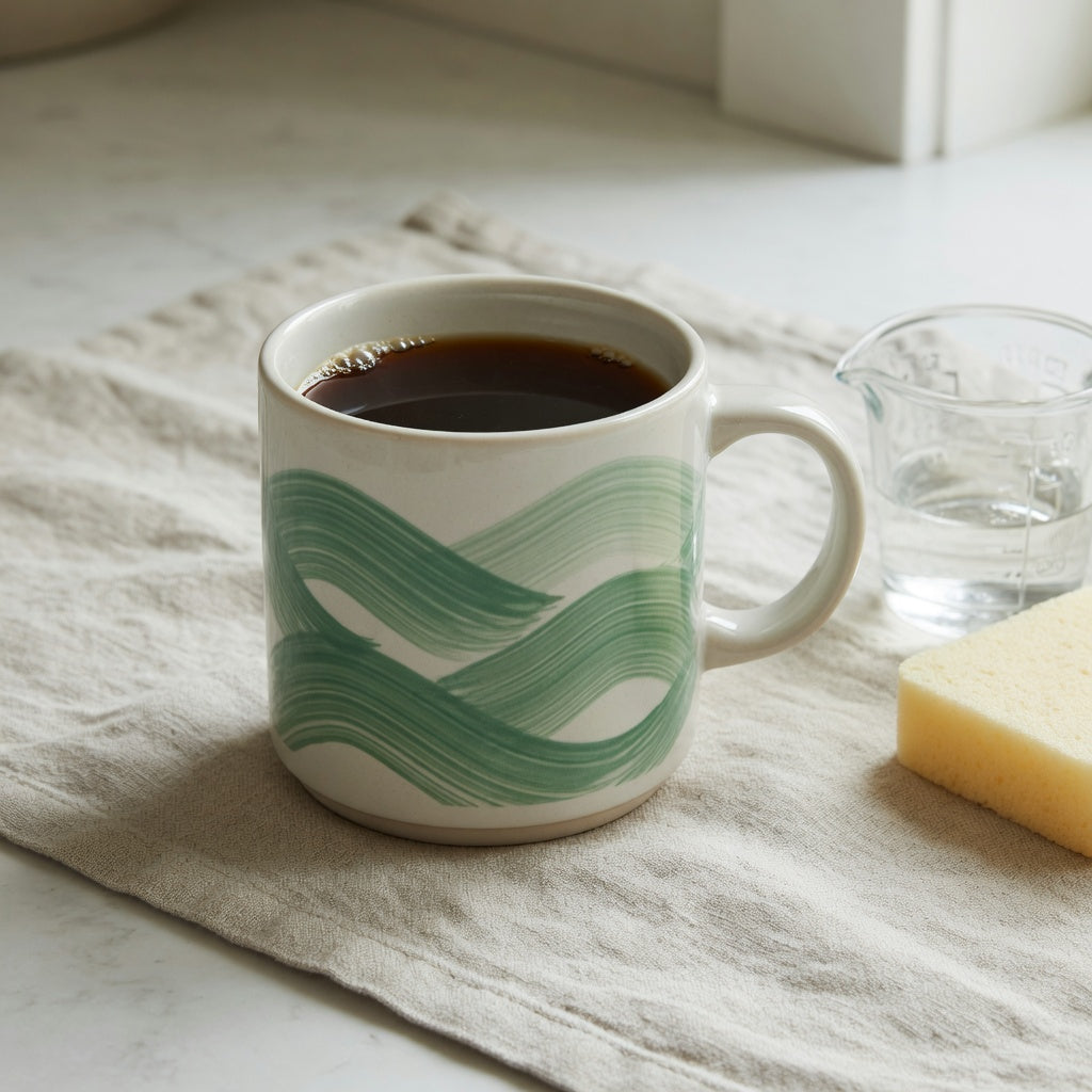 Green Waves ceramic coffee mug beside a measuring jug and soft sponge on a kitchen counter