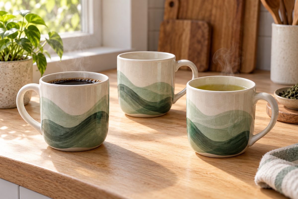 Green waves coffee mug vs tea mug comparison of the versatile ceramic design for hot drinks