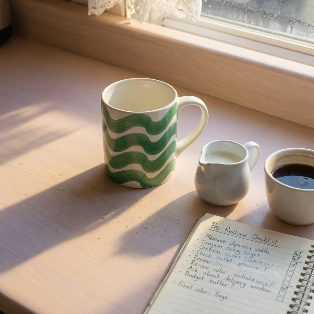 Green waves coffee tea mug buying checklist beside a large ceramic wave-pattern mug on a kitchen counter