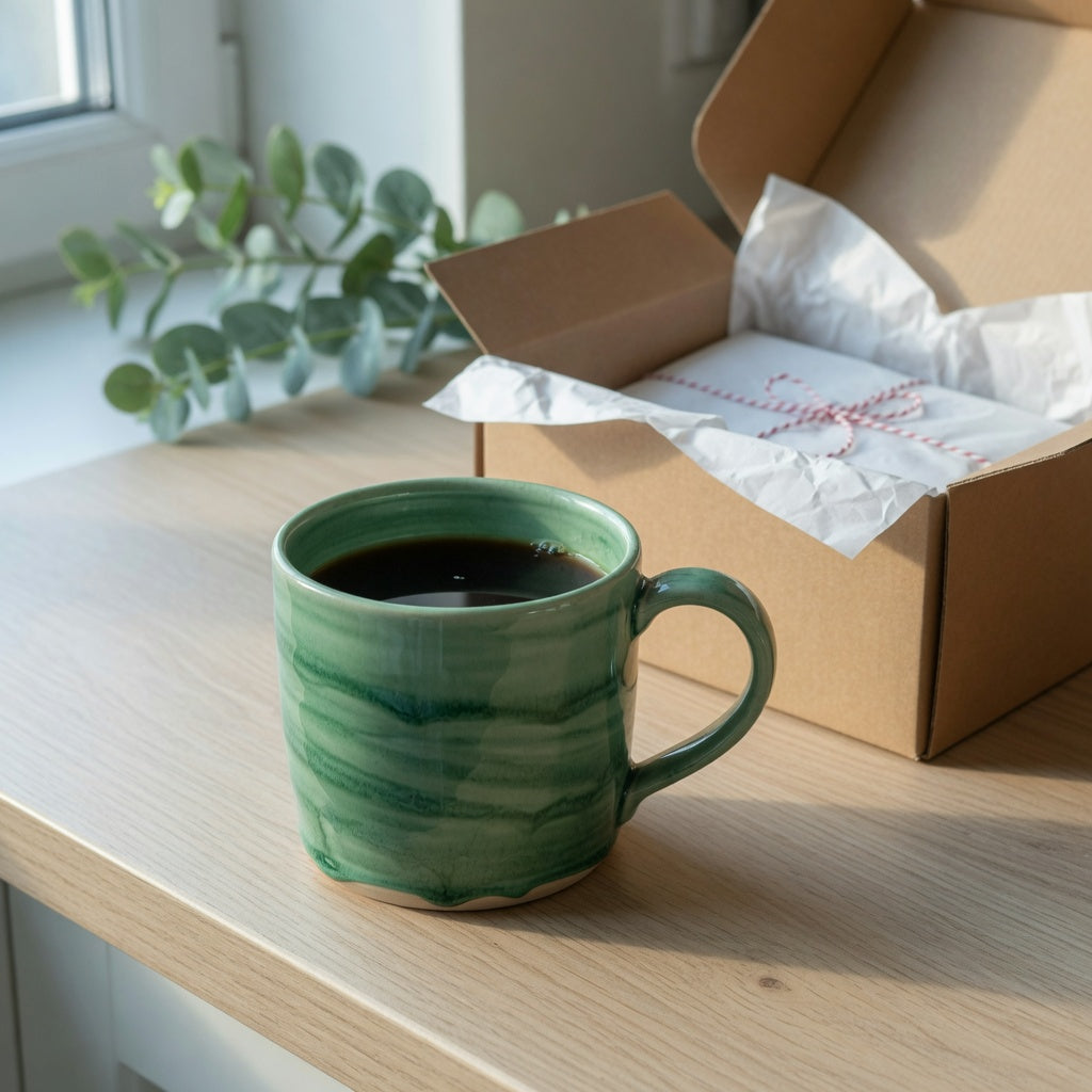Green waves mug gift set beside a large ceramic wave-glaze coffee mug on a light kitchen counter