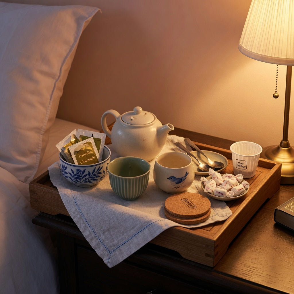 Guest room tea tray with cups, teapot, sealed tea packets, and coasters styled on a bedside table.