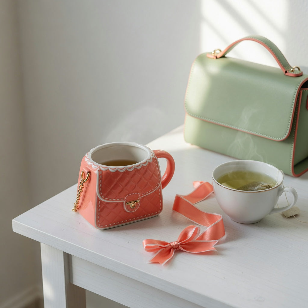 handbag coffee tea mug gift ideas with a purse-shaped mug on a desk beside tea and gift ribbon
