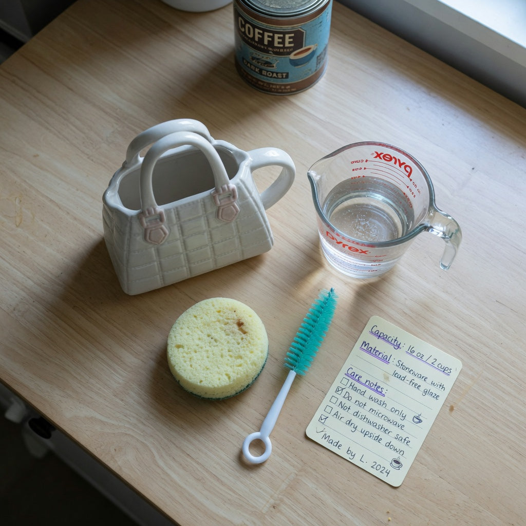 Handbag mug comparison scene: a sculpted ceramic purse-shaped mug beside a liquid measuring cup to check its true capacity, material and care details