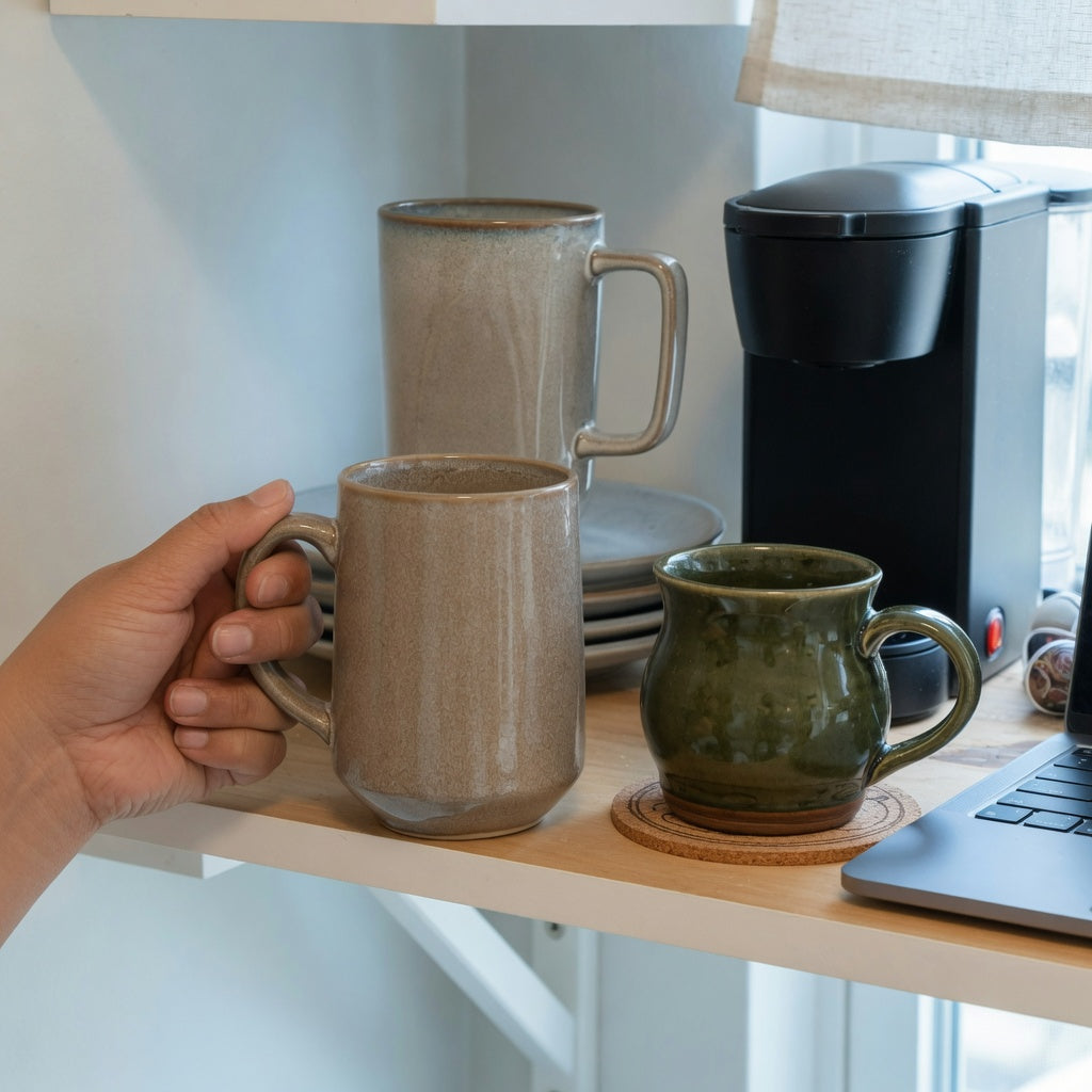 Kitchen and desk scene illustrating the heavy ceramic coffee mugs everyday mug rotation practical purchase checklist