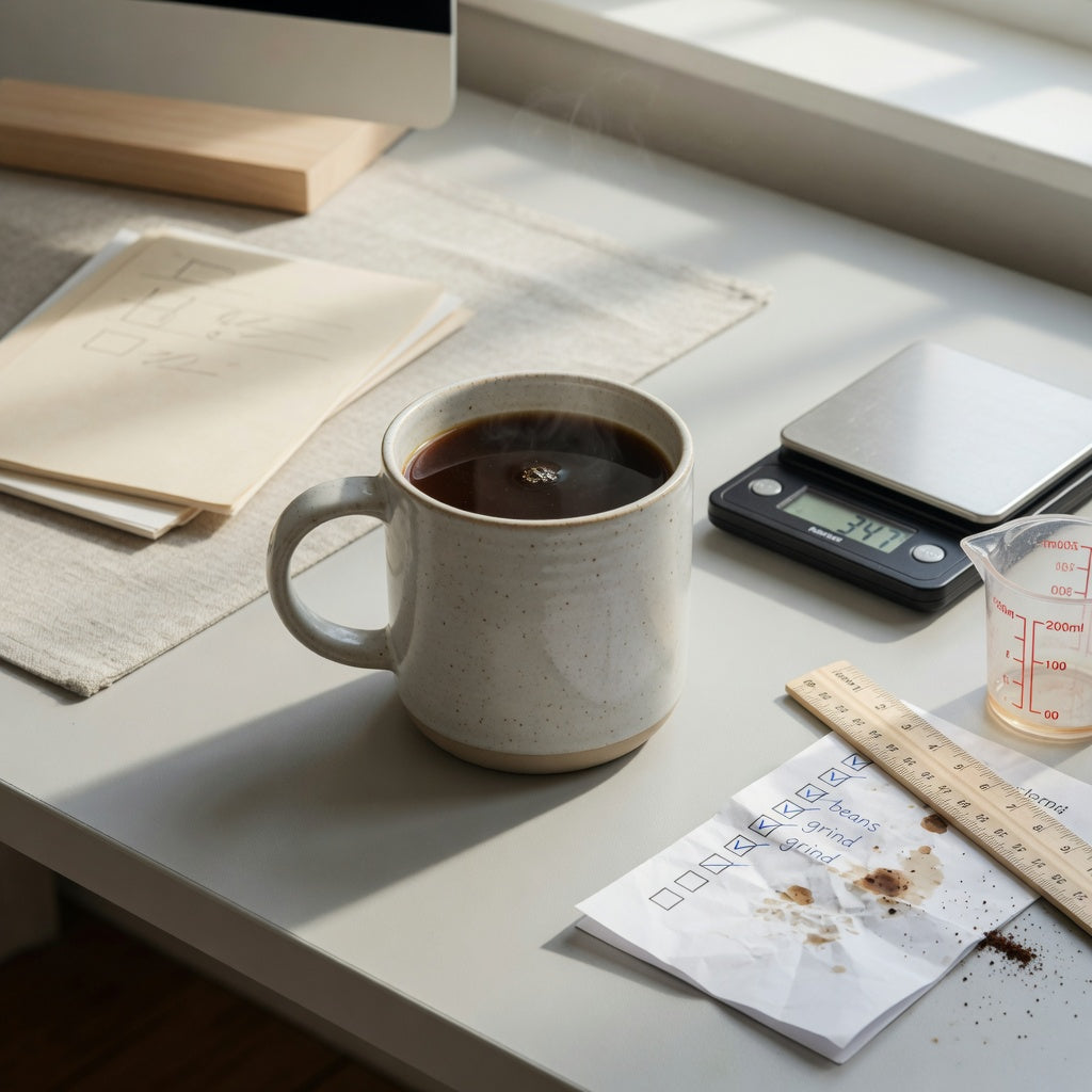 Using the heavy ceramic coffee mugs first time buyer practical purchase checklist with a mug, scale, ruler, and care notes on an office desk