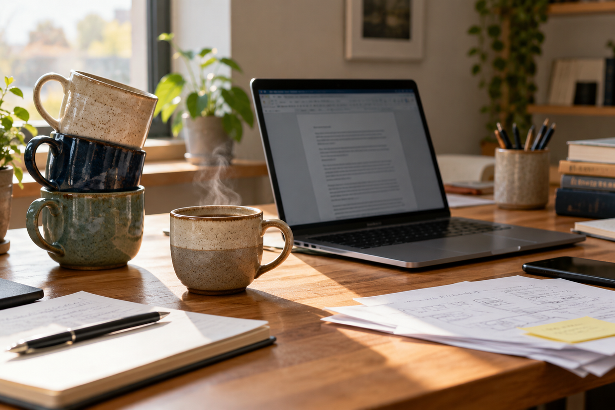 heavy ceramic coffee mugs for office on a desk with coffee