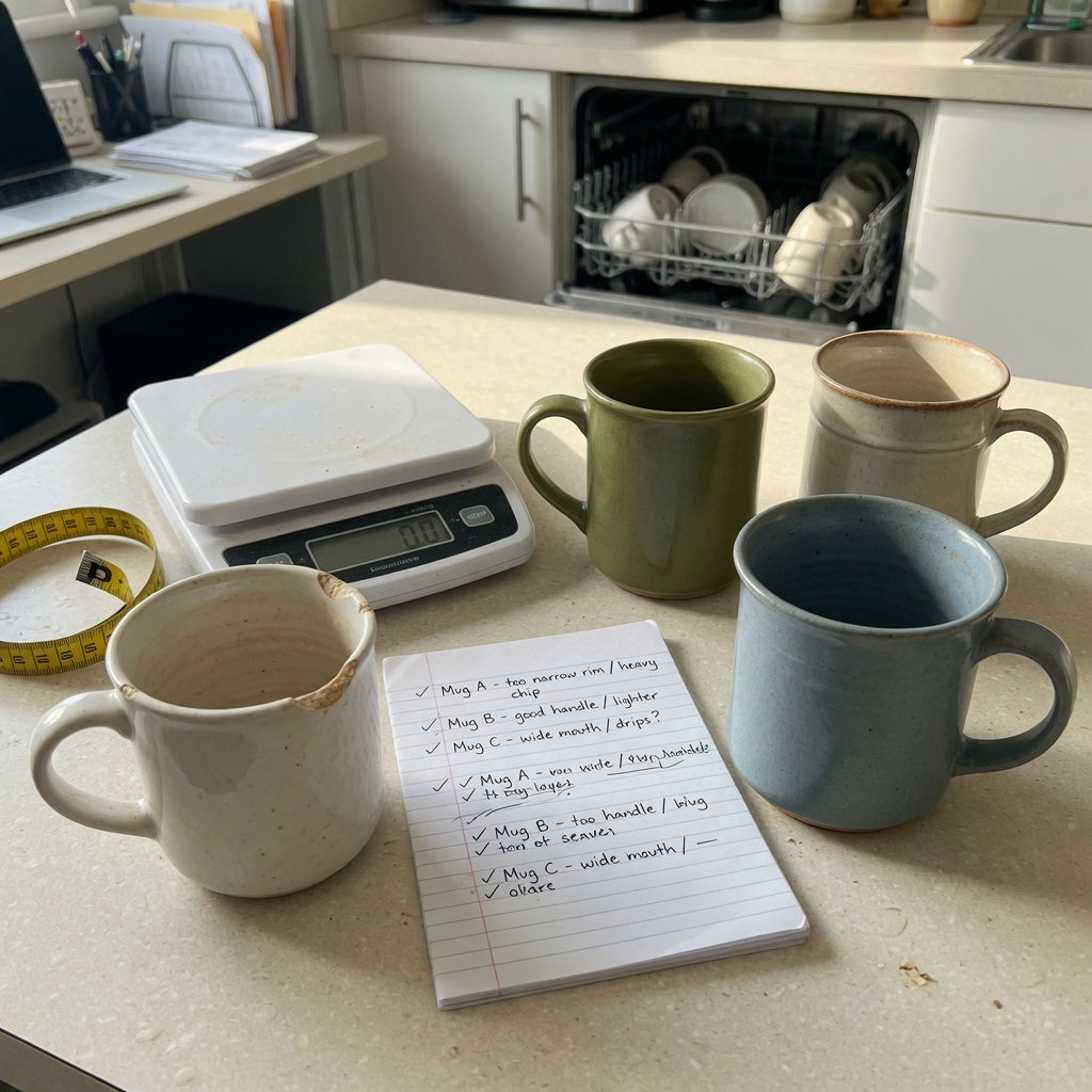 Heavy ceramic coffee mugs replacement purchase practical purchase checklist with a chipped mug, measuring tools, and ceramic replacement options