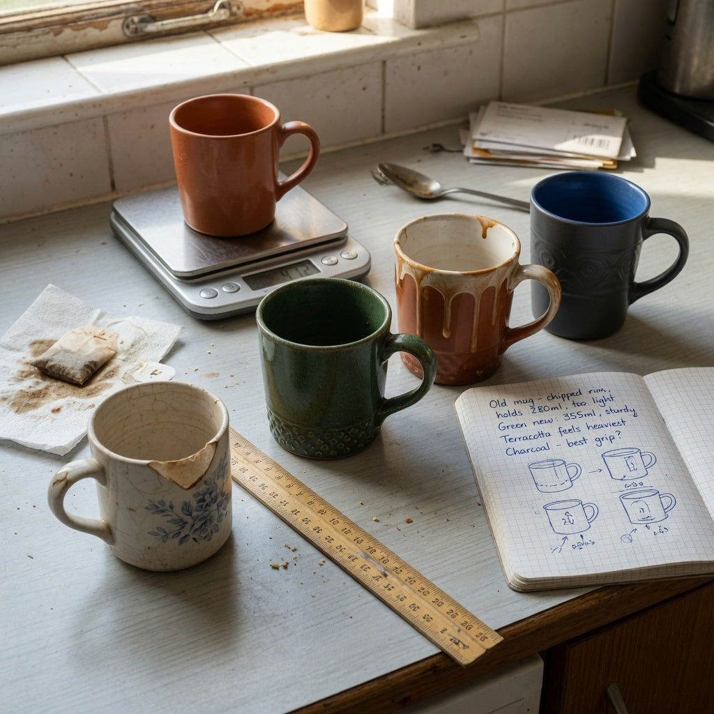 Heavy ceramic coffee mugs replacement purchase product shortlist guide with three replacement options beside a chipped mug