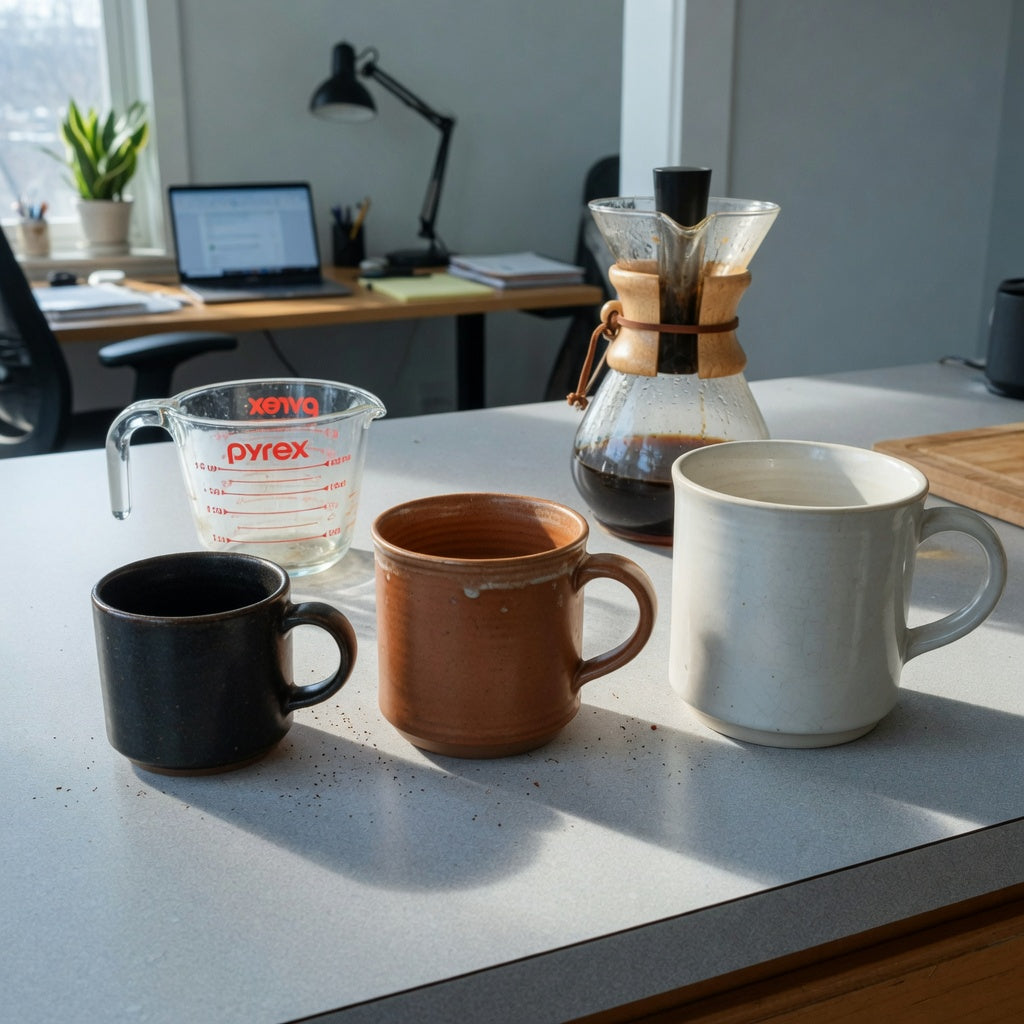 Heavy ceramic coffee mugs size decision guide comparing compact, mid-size, and roomier mugs beside a measuring cup
