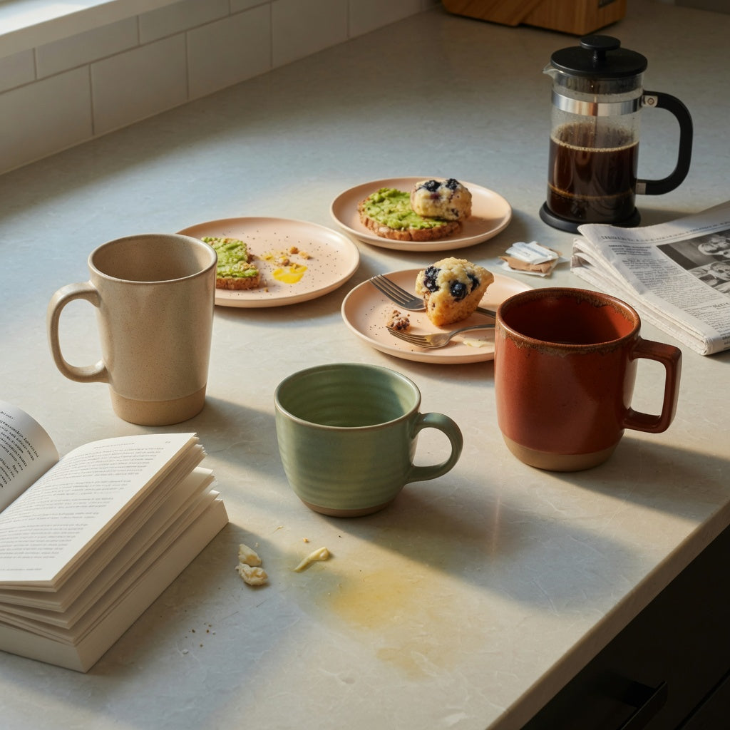 heavy ceramic coffee mugs weekend coffee product shortlist guide with three ceramic mugs beside an open book, brunch plates, and a coffee pot