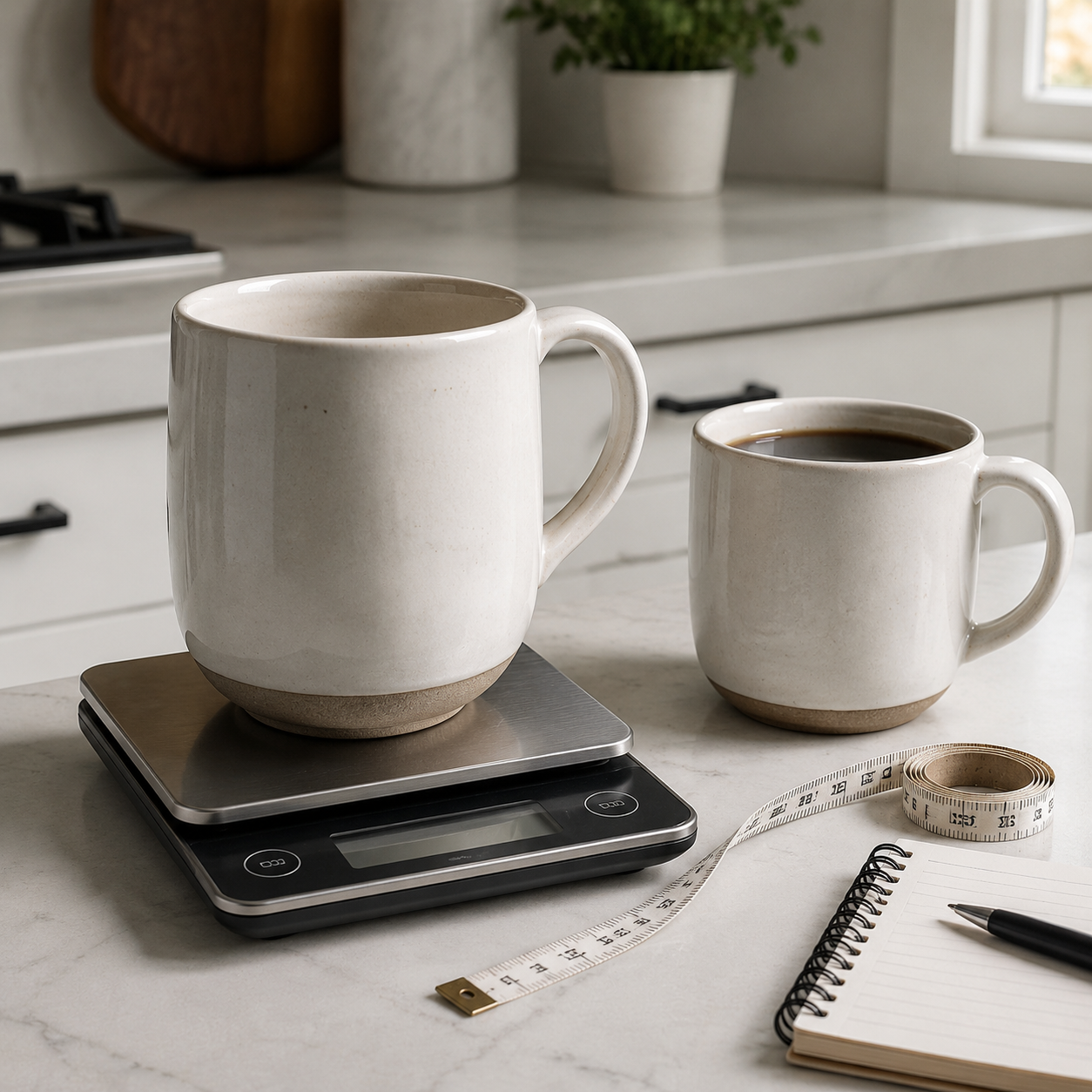 Heavy ceramic coffee mugs being compared by weight, handle size, and base width on a kitchen counter
