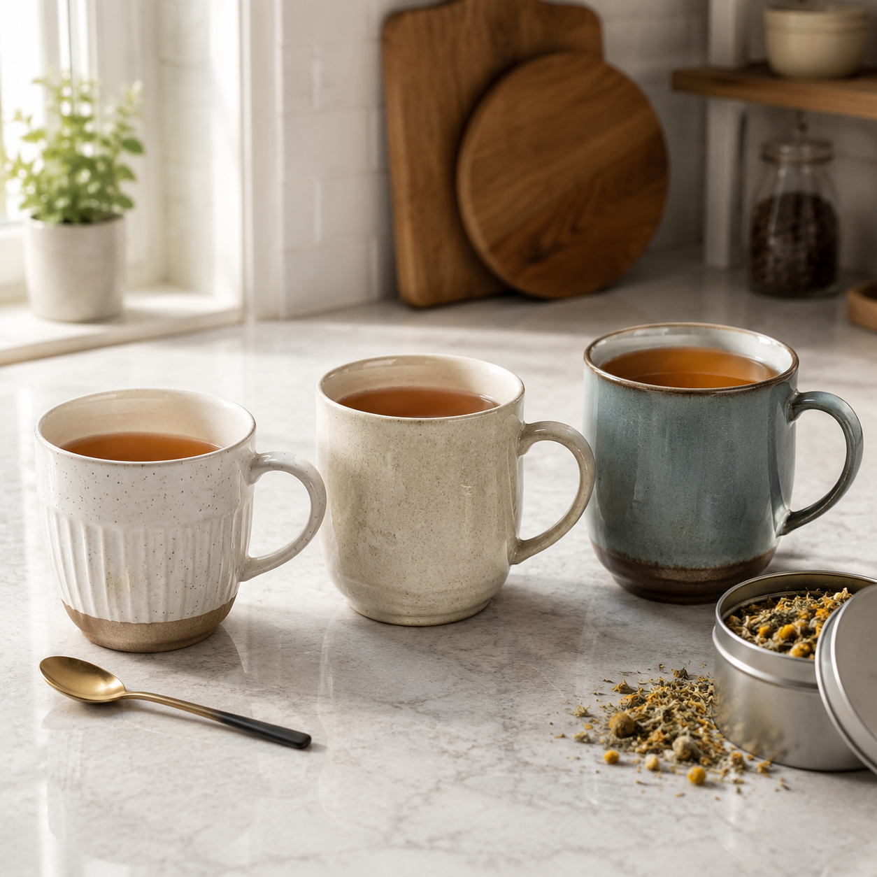 Three handled herbal tea mug options on a kitchen counter, shown in 400 ml, 440 ml, and 480 ml sizes.