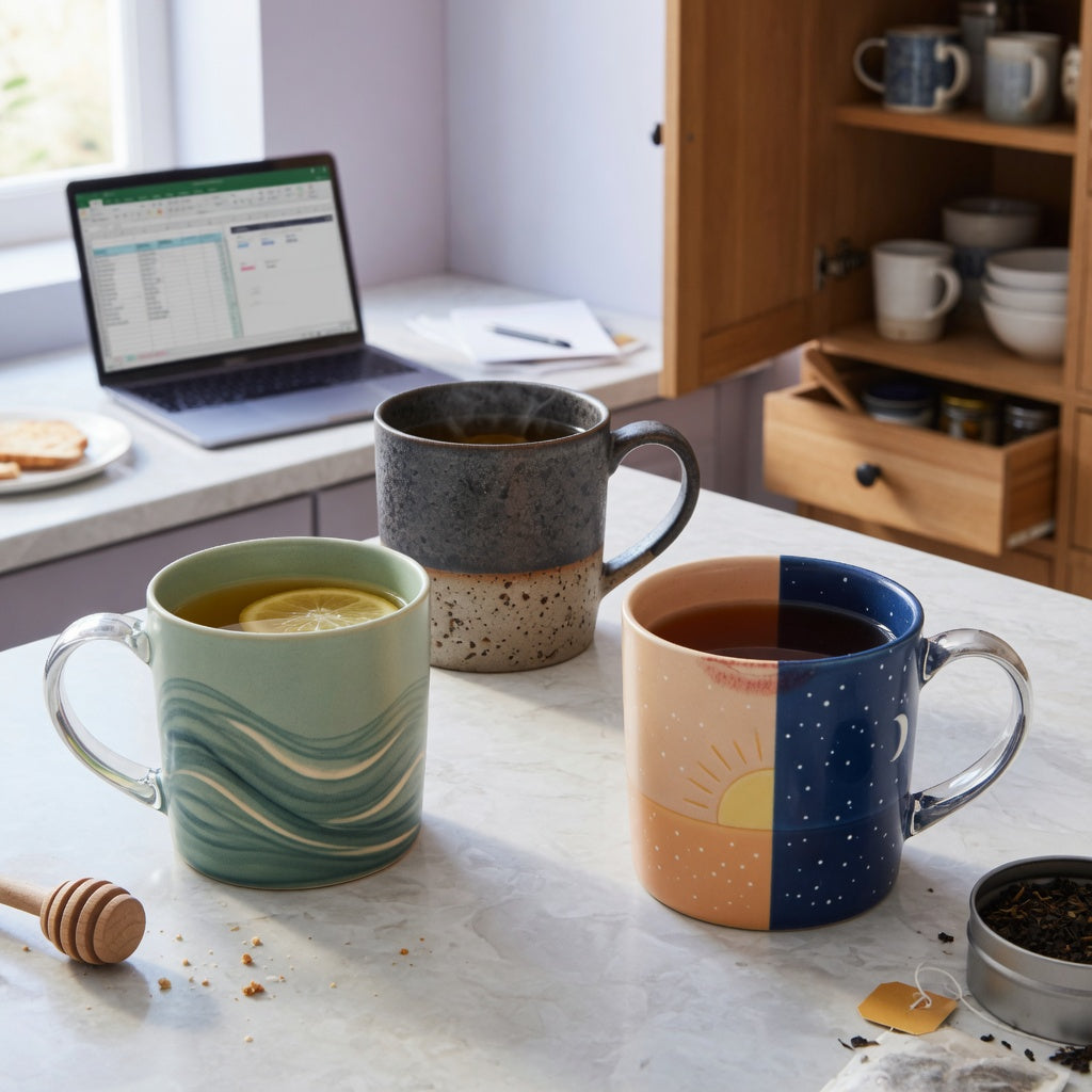 herbal tea mug everyday mug rotation product shortlist guide showing 400 ml, 440 ml, and 480 ml options on a kitchen counter