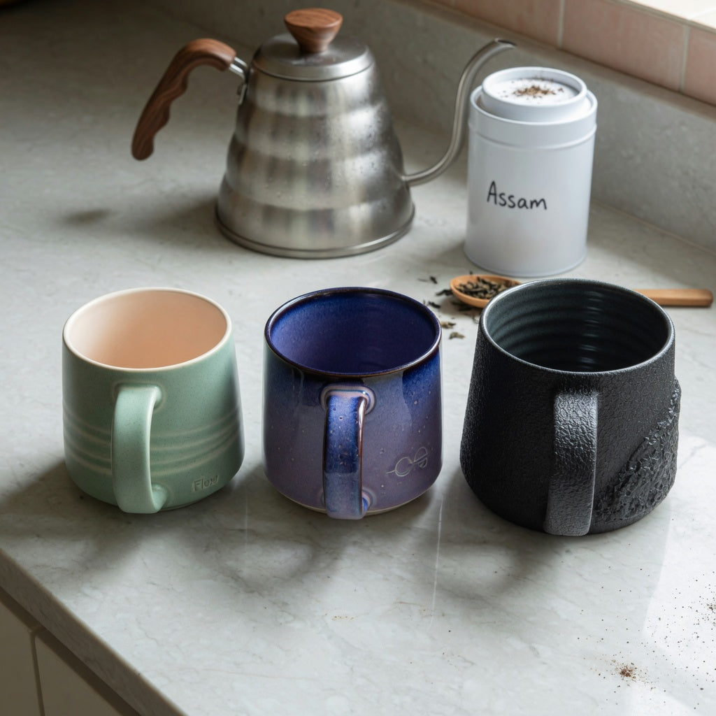 Herbal tea mug gift choice product shortlist guide showing 400 ml, 440 ml, and 480 ml mugs with their handles visible