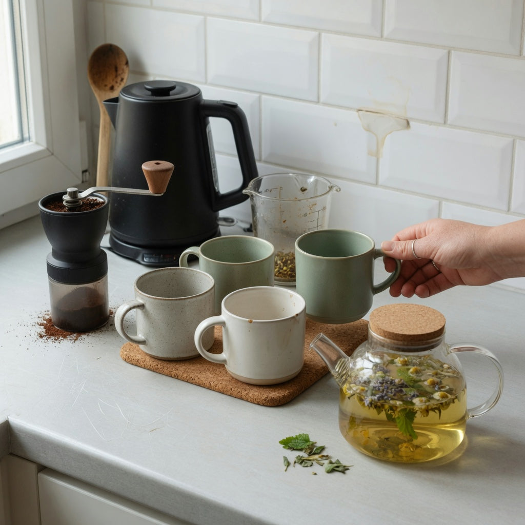 Three handled mugs at a kitchen counter for the herbal tea mug home coffee station practical purchase checklist