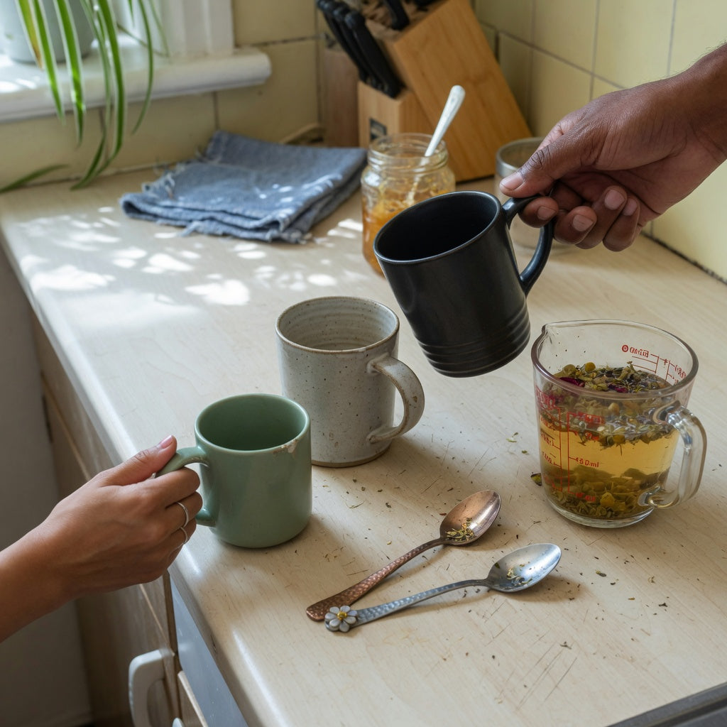 Herbal tea mug shared household practical purchase checklist with three handled mug sizes and a measuring jug on a shared kitchen counter
