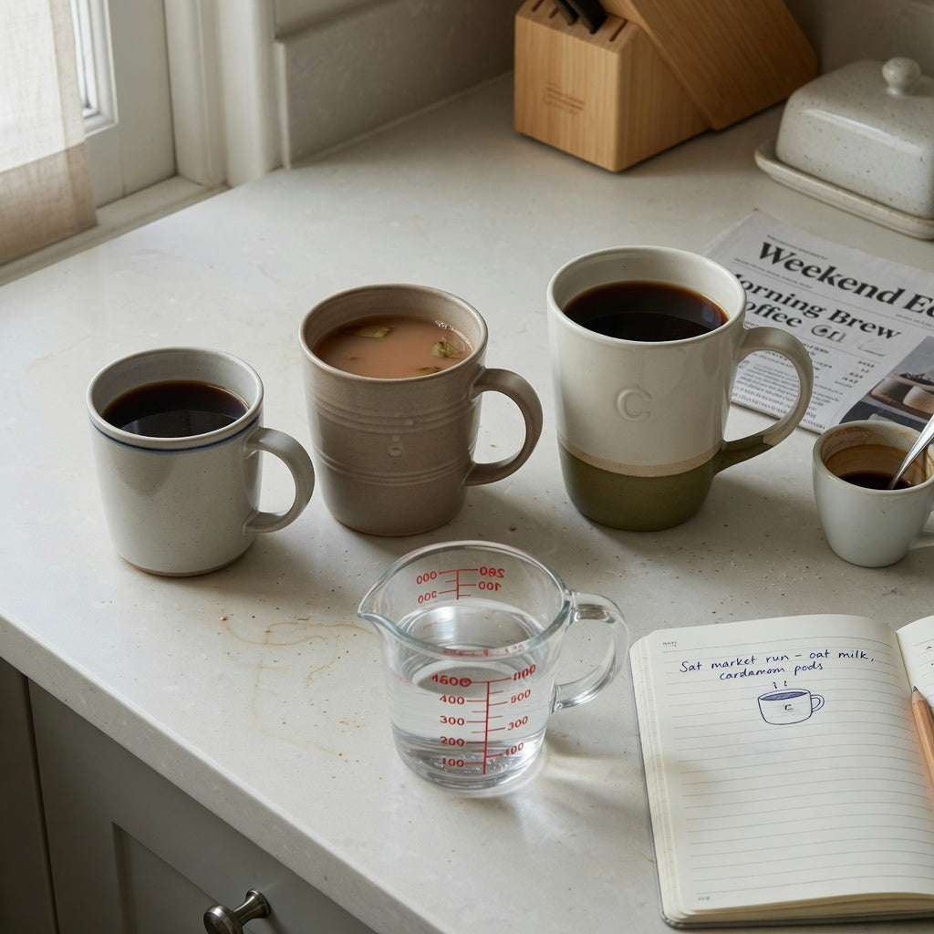 herbal tea mug weekend coffee practical purchase checklist comparing The Flow 400 ml, Morning and Night 440 ml, and The Rock 480 ml on a kitchen counter