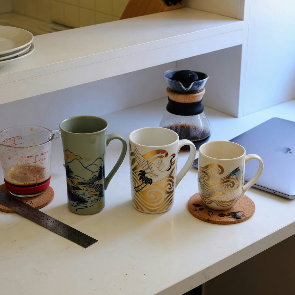 Desk comparison illustrating high quality ceramic coffee mugs buying priorities through capacity, shape, and available space