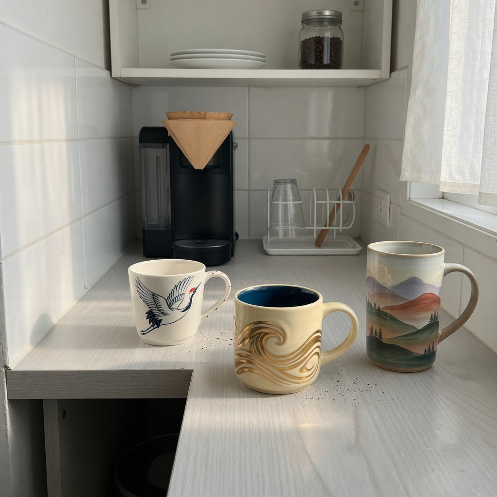 High quality ceramic coffee mugs compact kitchen product shortlist guide showing Crane, Golden Waves Kio, and Landscape Tall mugs in a small kitchen