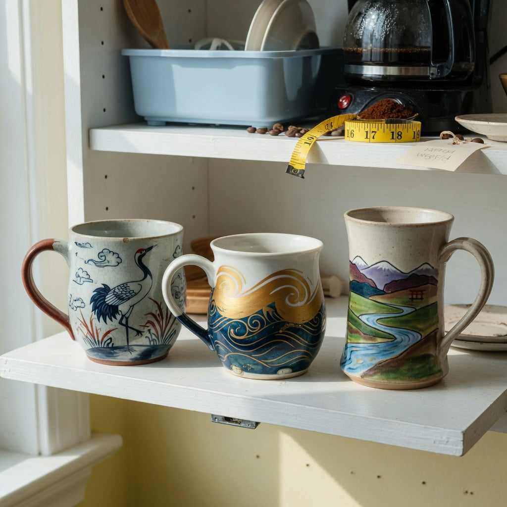High quality ceramic coffee mugs everyday mug rotation product shortlist guide showing crane, golden waves, and tall landscape options on a kitchen shelf