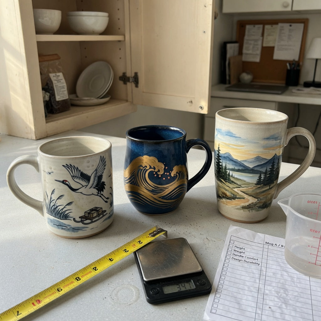 Three mugs compared for the high quality ceramic coffee mugs first time buyer product shortlist guide on a kitchen counter with measuring tools